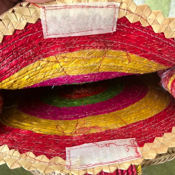 Rainbow Shaped Pink Yellow Green Straw Rattan Scalloped Handbag Clutch Tote Bag - Picture 10 of 11